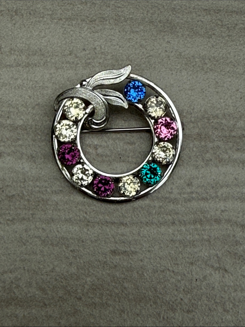 Vintage VANDELL sterling Multicolor family Crystal Circle Brooch Pin